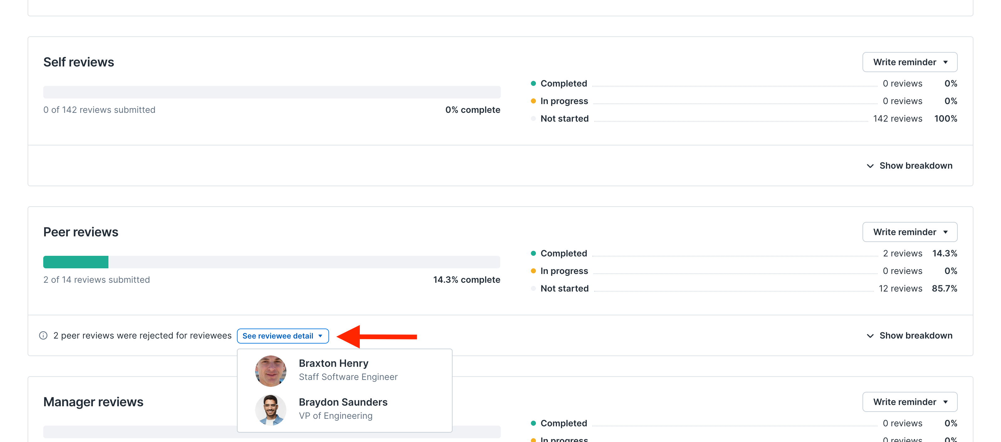 Image of the Progress tab with an arrow highlighting the See Reviewee Detail button
