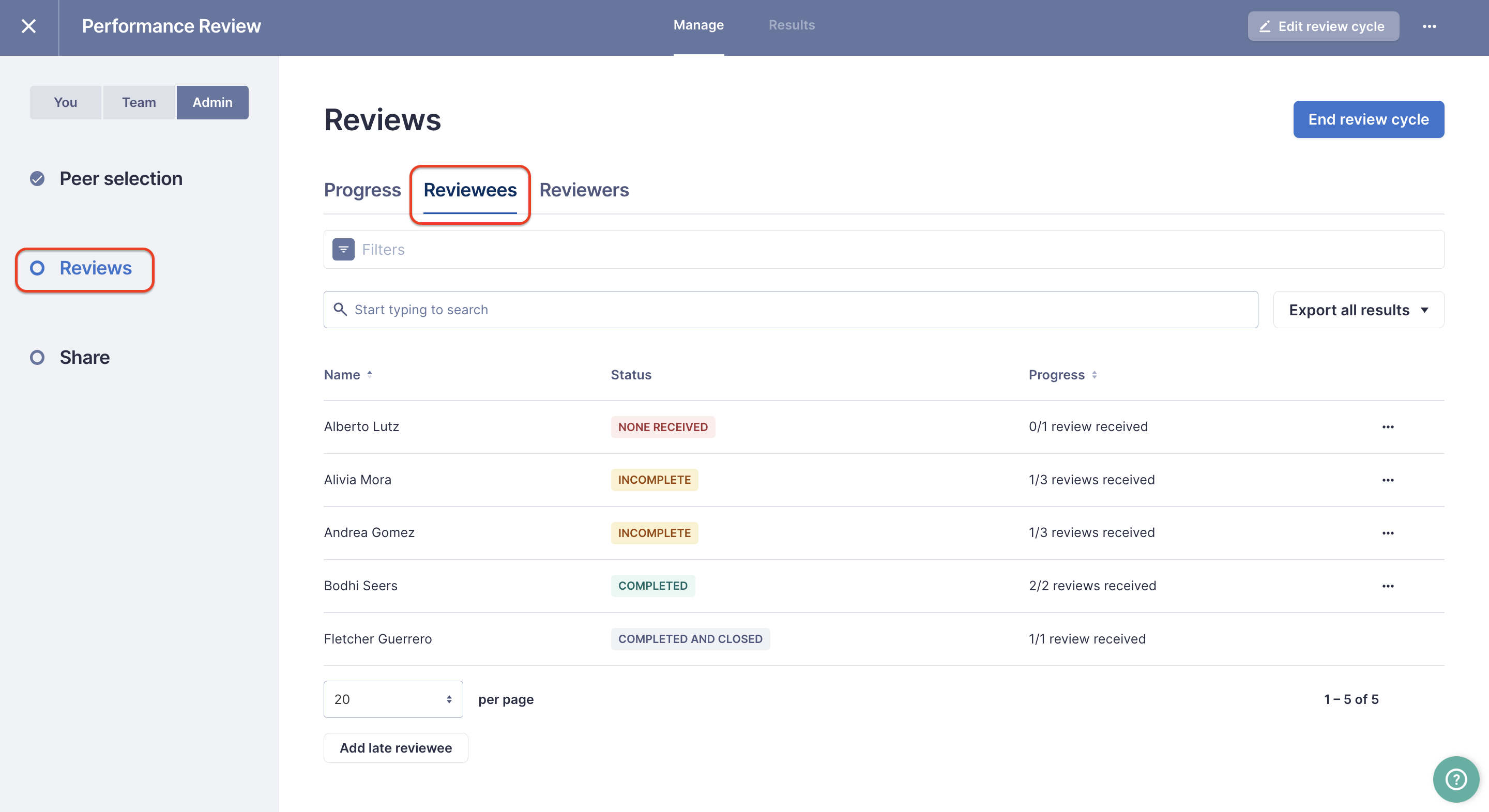 Lattice Reviews with a square highlighting the Reviews section and a square highlighting the Reviewees tab