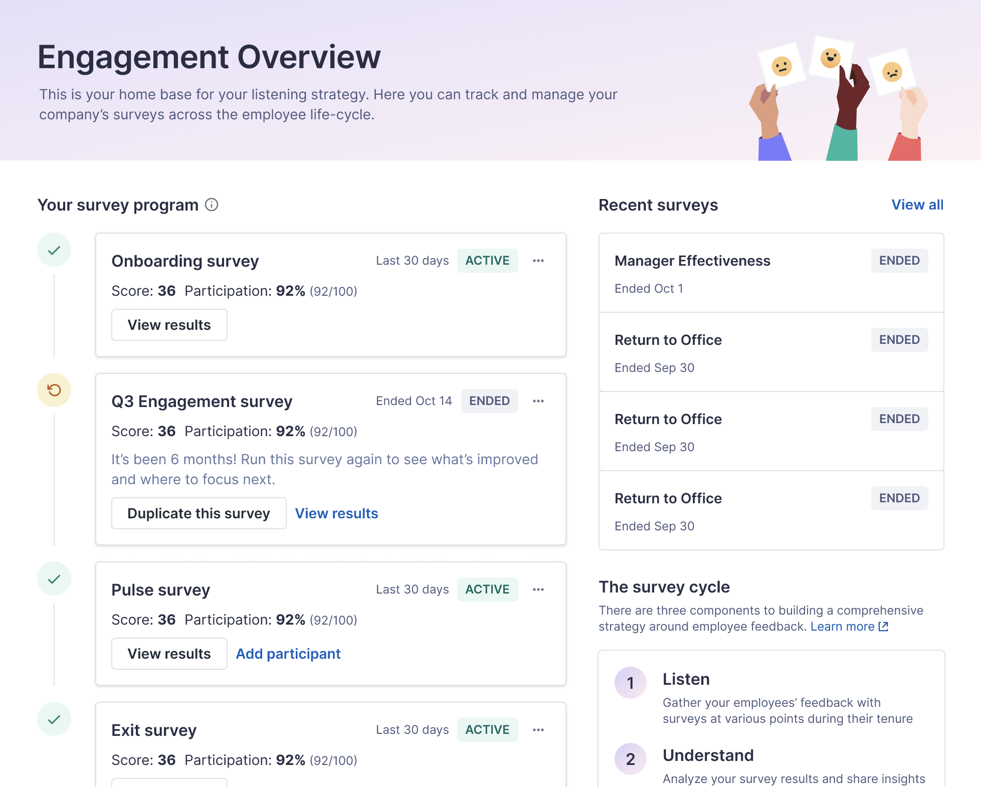 Engagement Overview page. Four sections for each survey type can be seen. Four surveys are listed within the Recent surveys section.