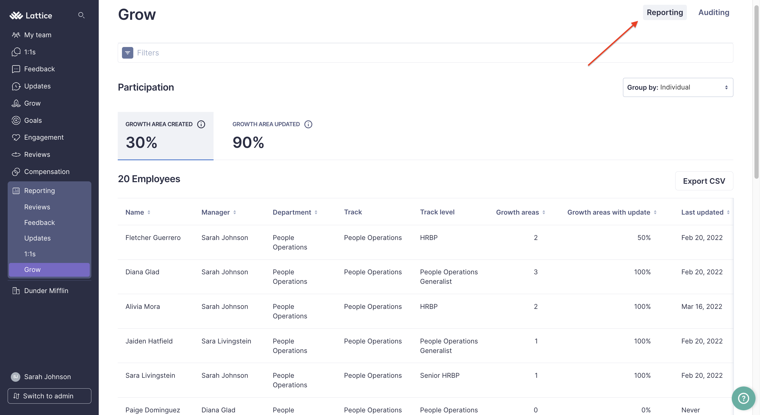 Grow Reporting page with an arrow pointing to the Reporting tab.