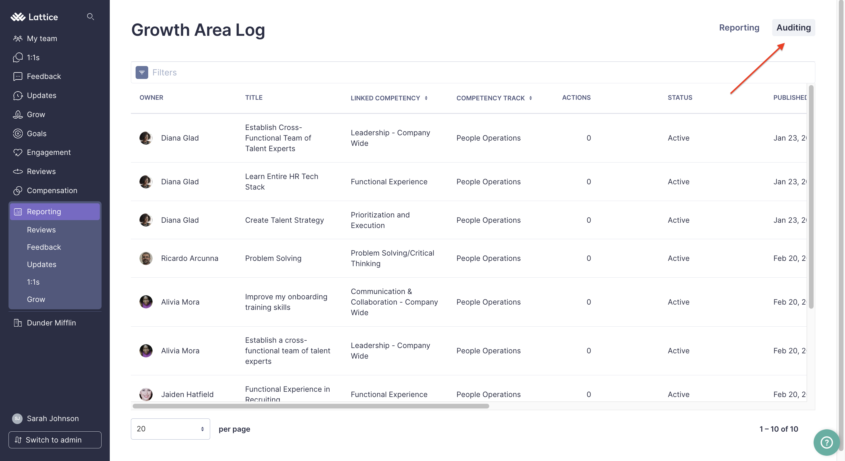 Grow Audting page where an arrow points to the Auditing tab.