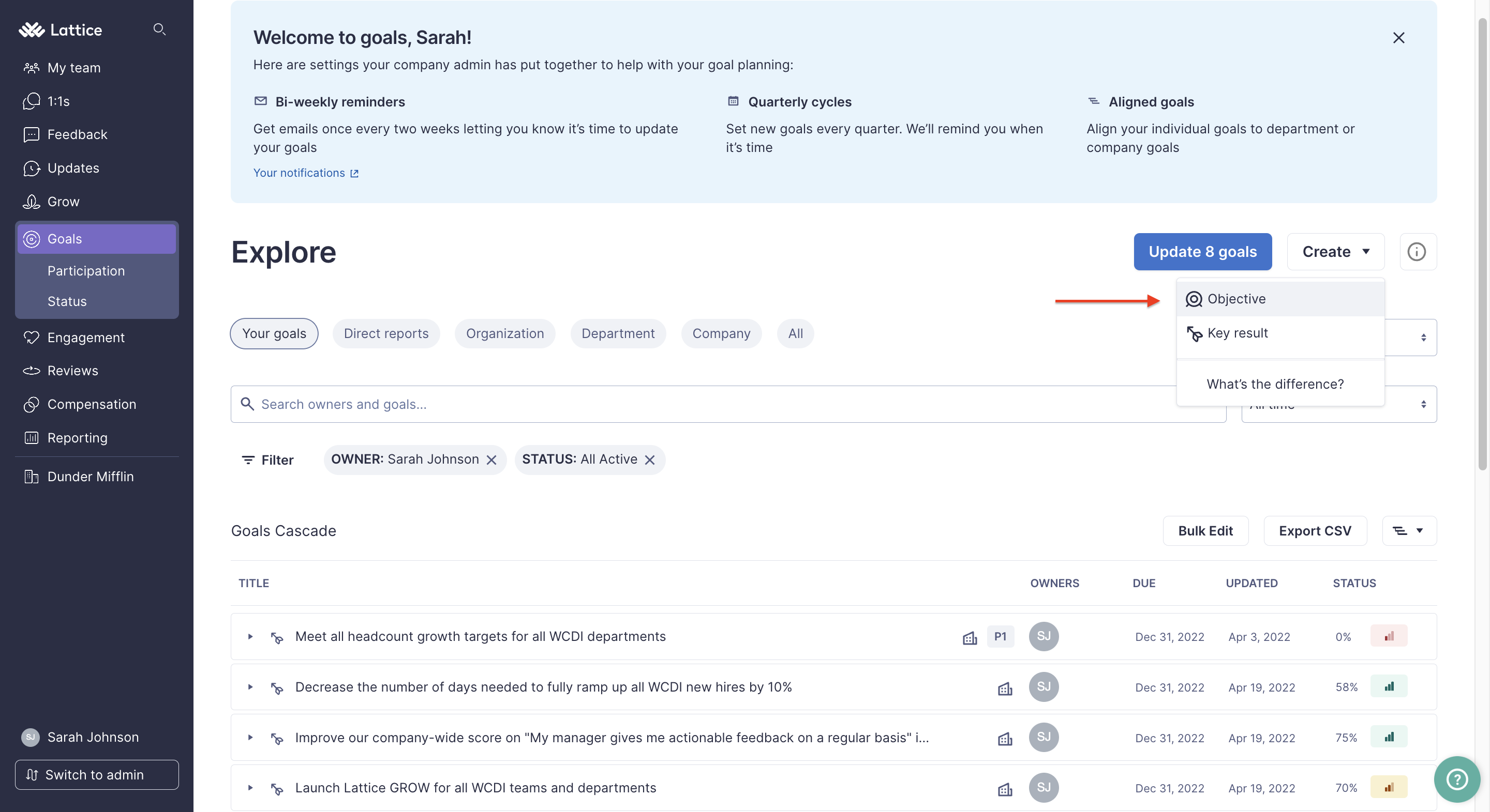 Goal Explore page. The Create dropdown is open. An arrow points to the Objective option. 