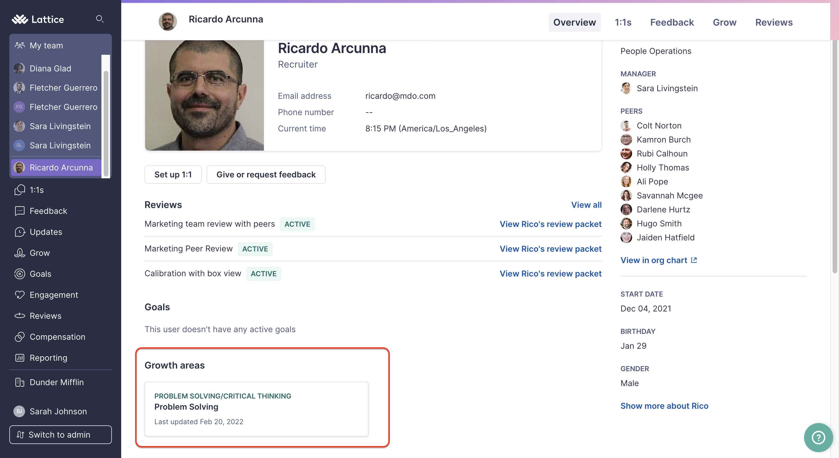 Employee Overview page for Ricardo Arcunna. A square highlights the Growth area section.