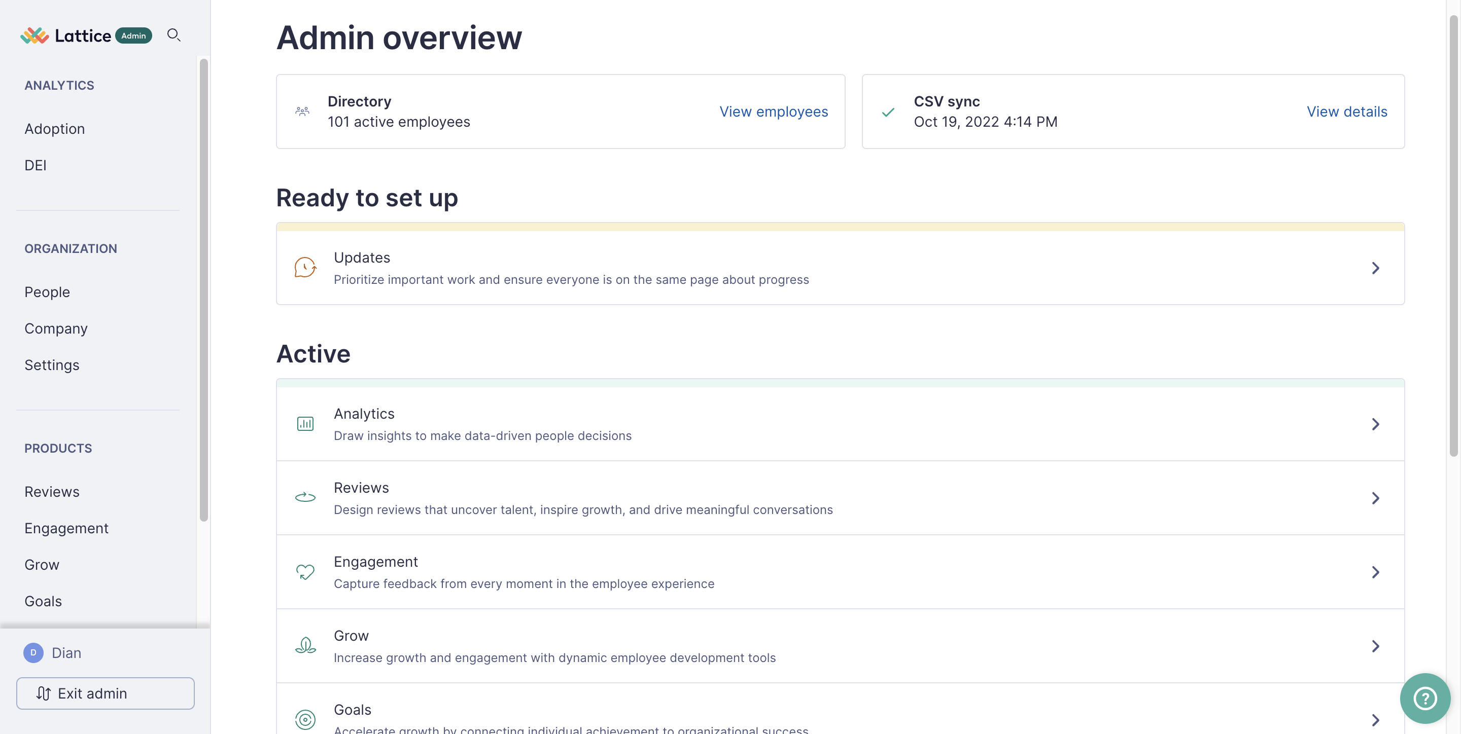 Lattice's Admin Overview page. The Page consists of two main sections: Ready to set up and Active.