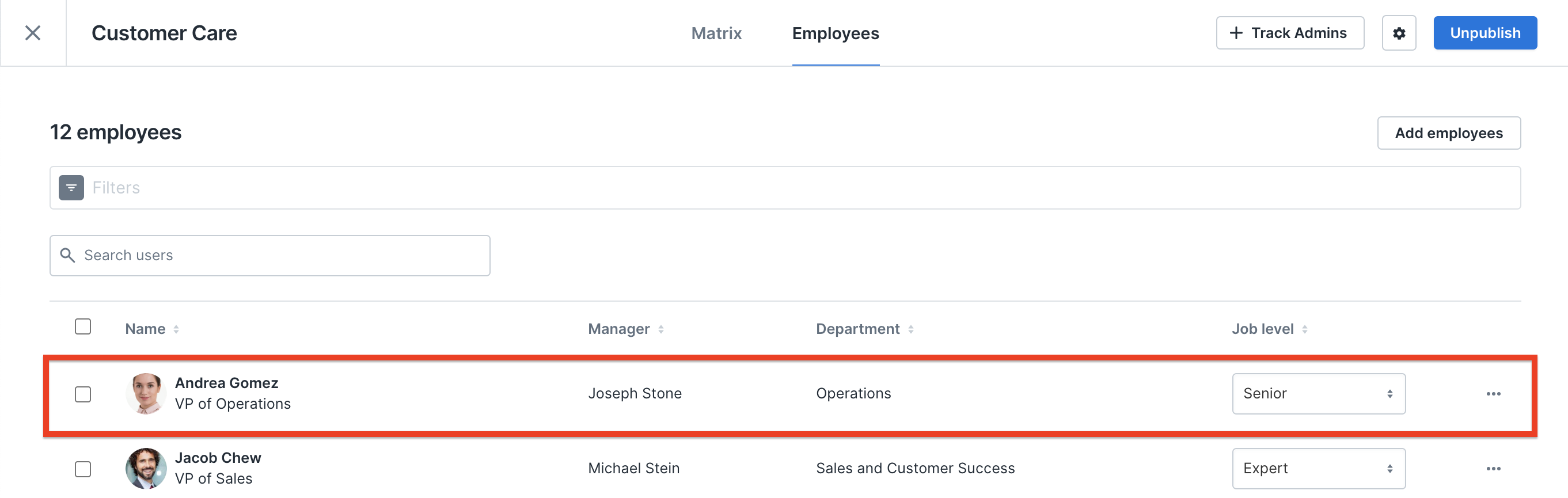 Grow track open to the Employees tab. A square highlights an example employee assigned to the track, Andrea Gomez. 