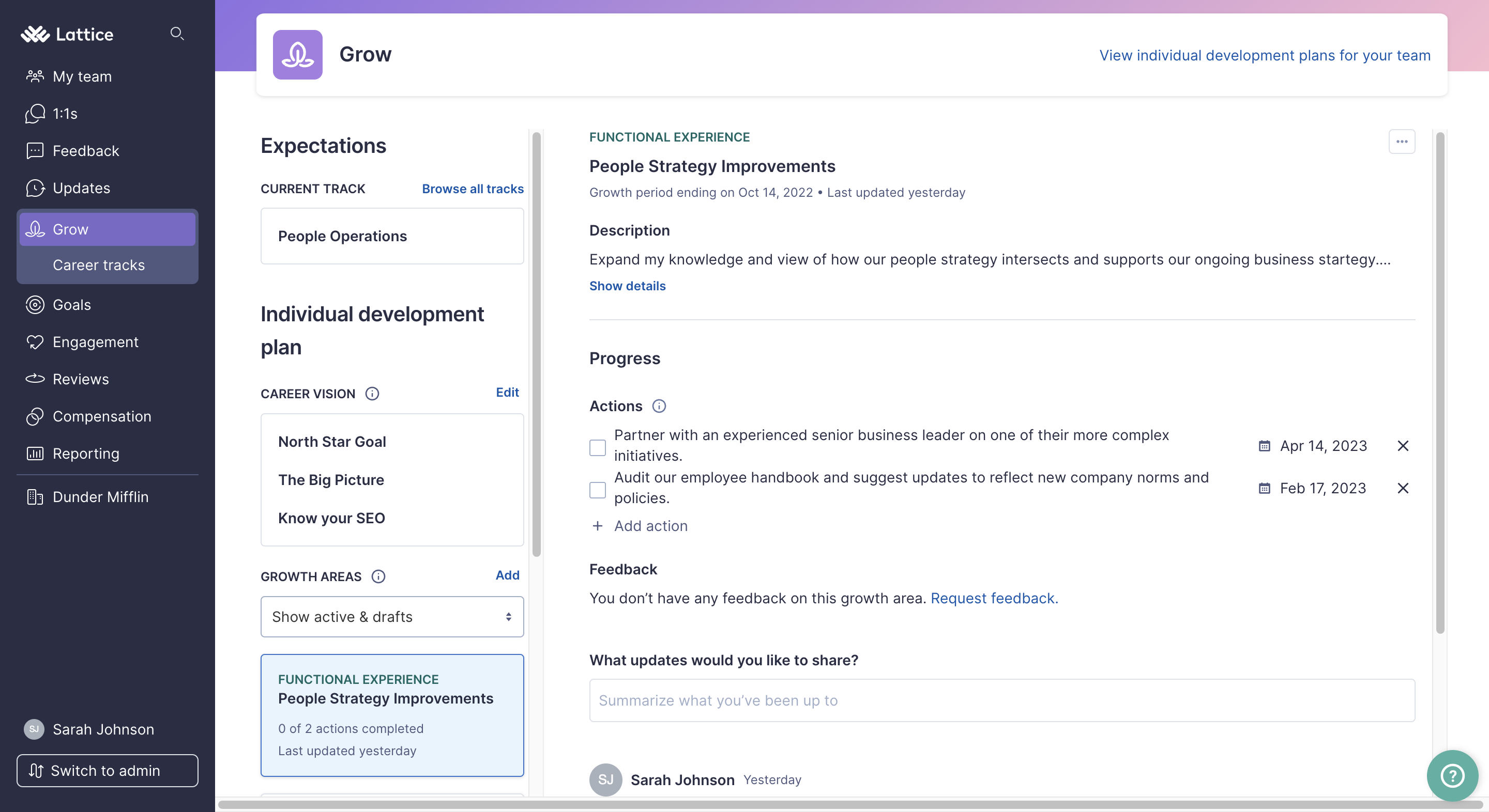 Example of an employee's Individual Development Plan page open to the Growth Areas section.