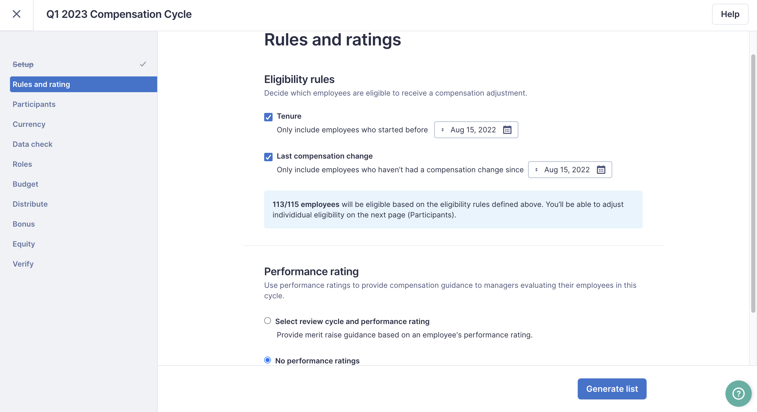 Compensation cycle editor open to the Rules and Ratings page