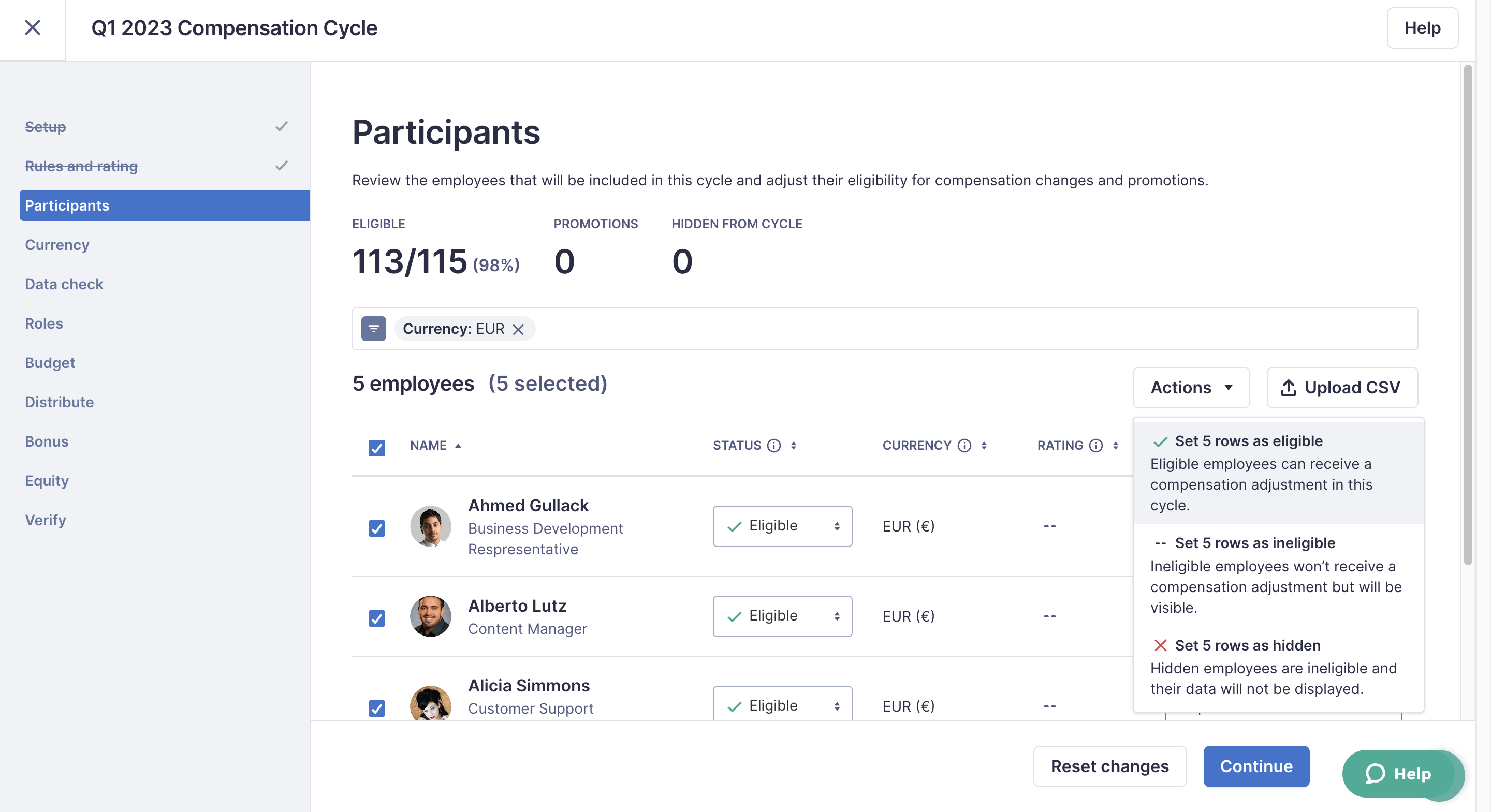 Compensation cycle setup open to the Participants page, showing the Actions dropdown menu