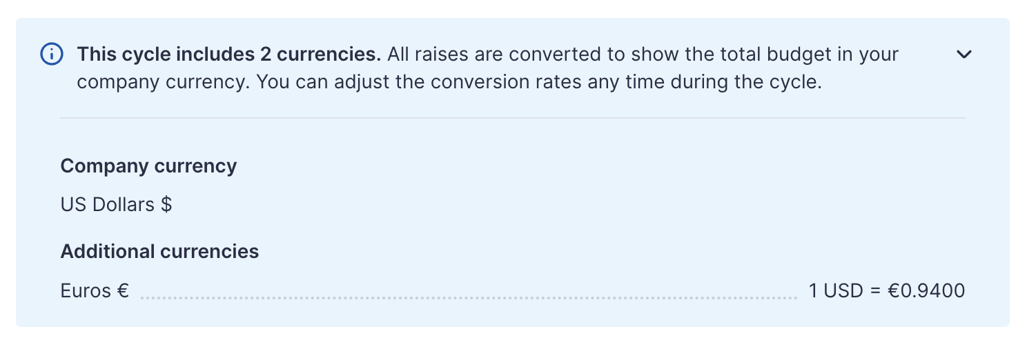 Image of banner listing currencies and conversion rates included in the Compensation Cycle