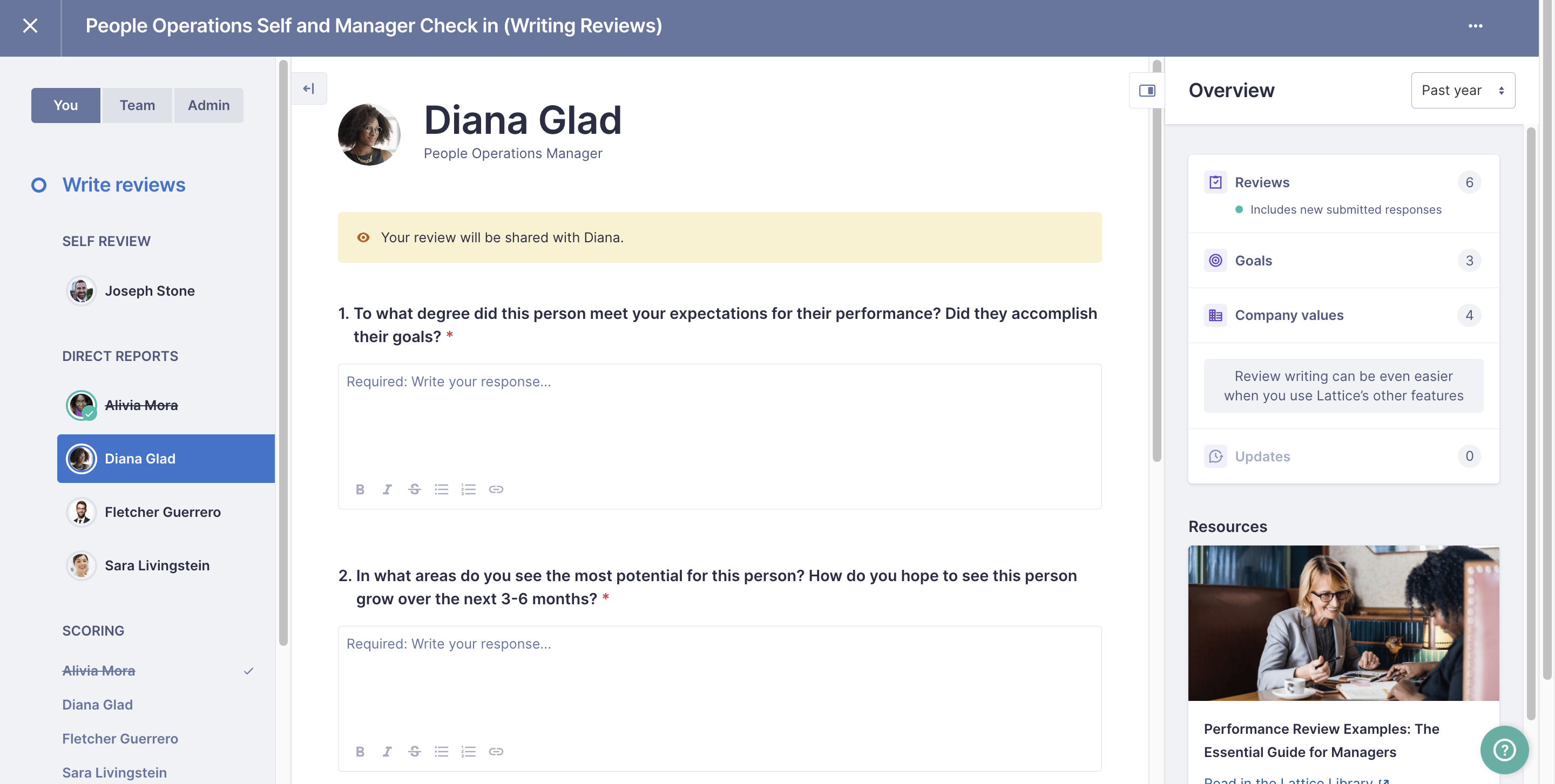 Reviews page open to the employee Diana Glad's review. On the left hand side, a list of all the reviews you need to complete can be seen under the Write Reviews section. In the middle, the review questions can be seen. On the righthand side, the Overview Context panel that includes Past Reviews, Goals, Company values, and Updates for Diana can be seen.