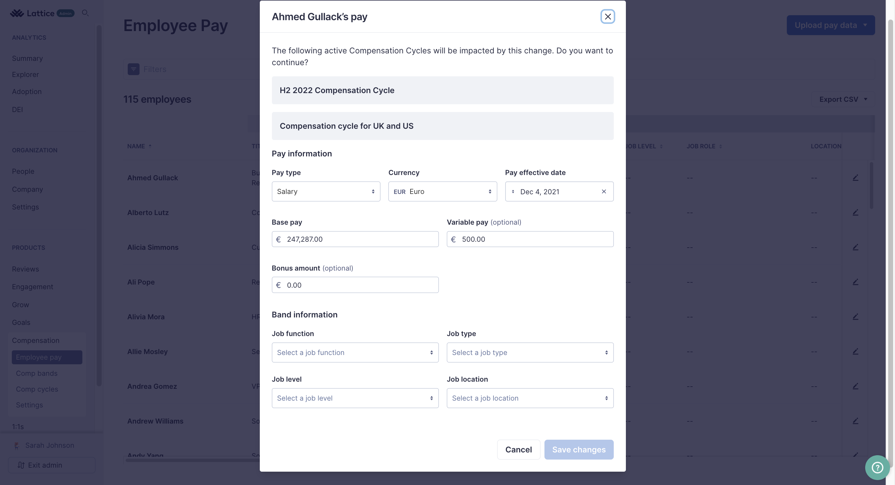 Image of the Employee Page Modal for Ahmed Gullack's pay. Pay information and Band information are editable in the modal.