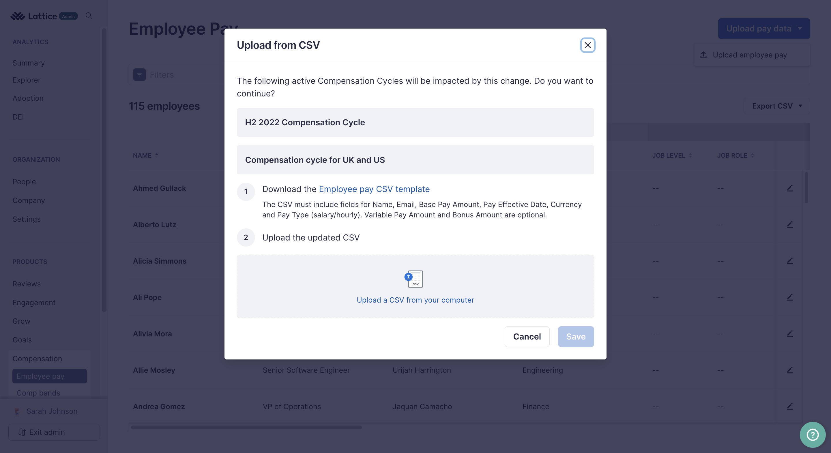 Upload from CSV modal. The Employee pay CSV template download link can be seen. You have the ability to Upload a CSV from your computer.