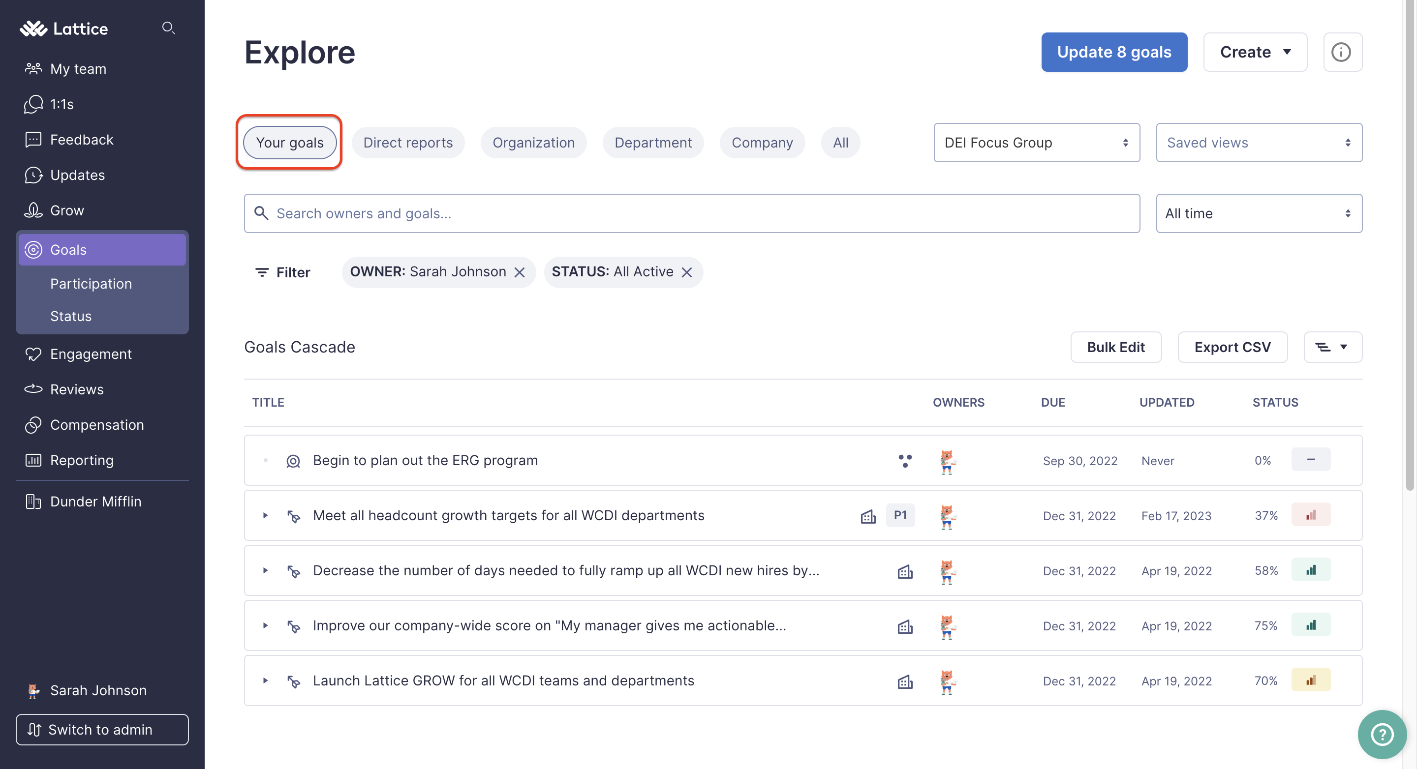 Image of the Goal Explore page. The Your Goals filter is selected. A list of goals owned by the example user can be seen.
