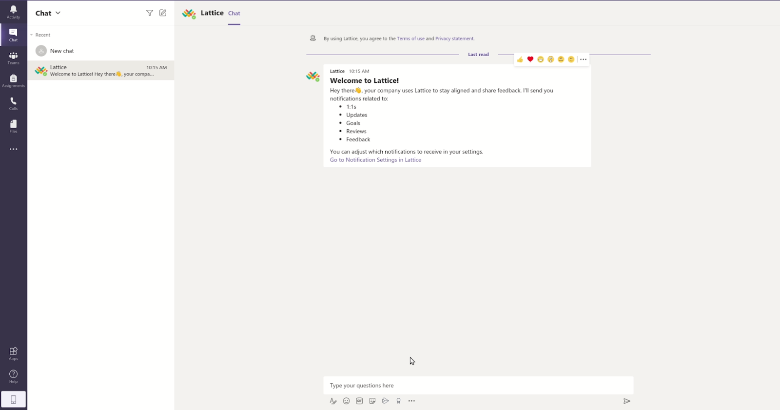 Screenshot of Microsoft Teams chat with Lattice app saying 'Welcome to Lattice!'