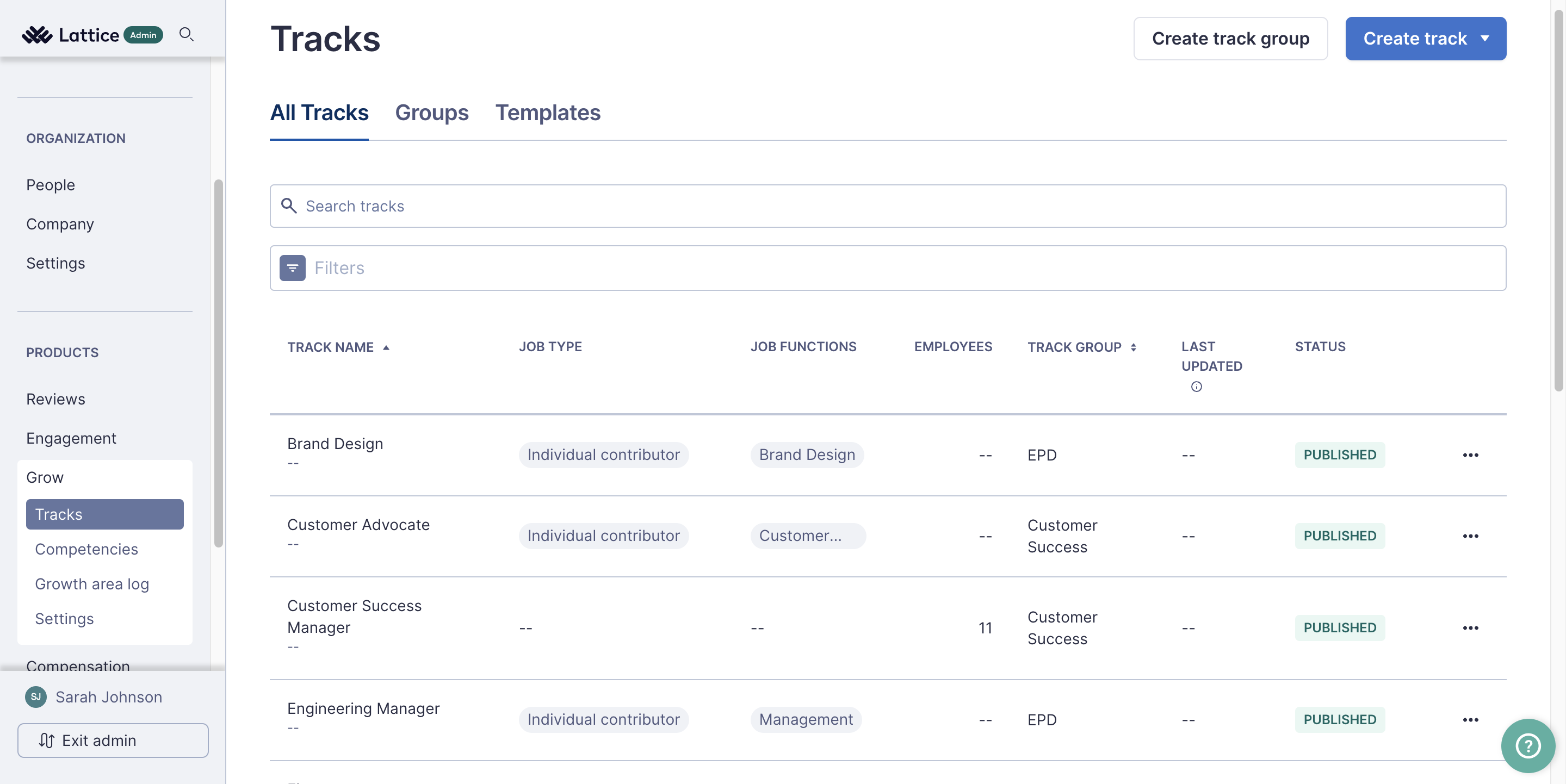 Grow Tracks page. There are two new columns: Job Type and Job Functions. Within the columns the job types and functions that are aligned for each track can be seen.