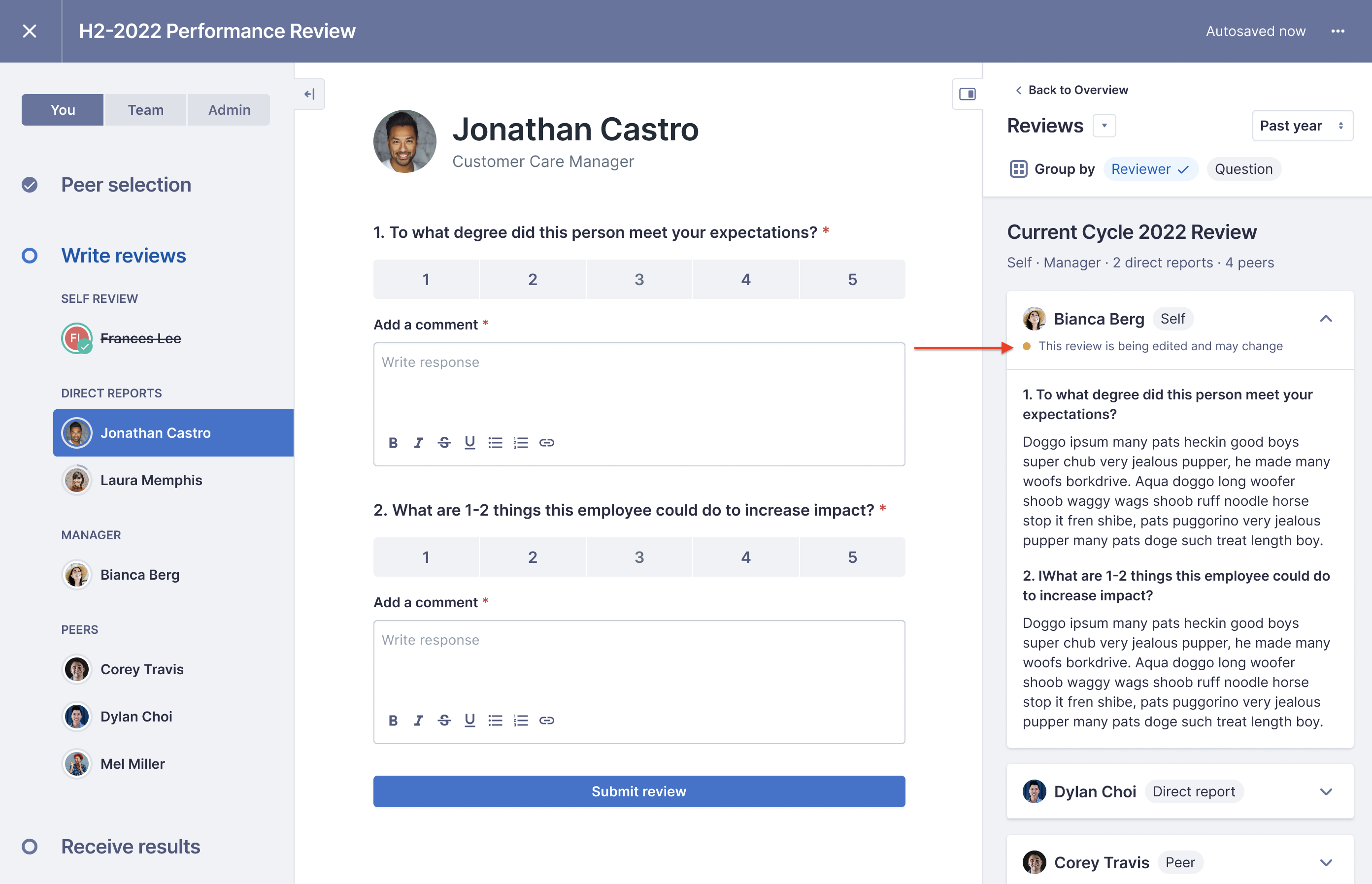 An example review cycle for direct report Jonathan Castro. The reviews context panel is open to the reviews tool. Within the self review card, the badge is highlighted by an arrow.