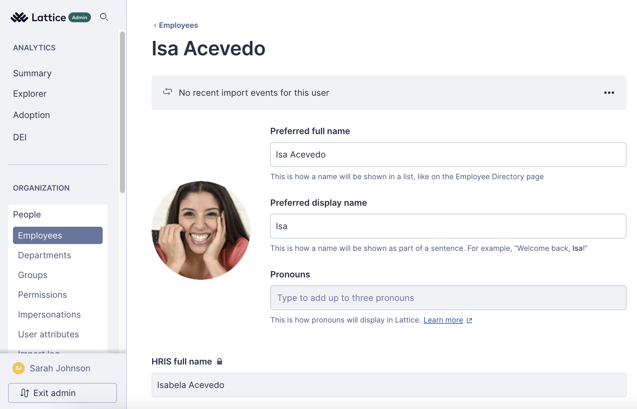Admin view of employee profile, showing employee's name as Isa Acevedo. Preferred Full Name is set to Isa Acevedo, Preferred Display Name is Isa, and HRIS Full Name is Isabela Acevedo.