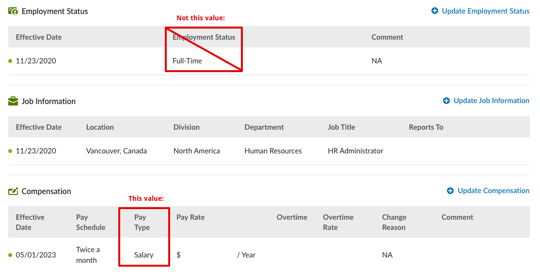Screenshot of BambooHR employee fields. The field in the table Employment Status with title 'Employment Status' and value 'Full-Time' is crossed out in red, and the field in the table Compensation with title 'Pay Type' and value 'Salary' is highlighted.