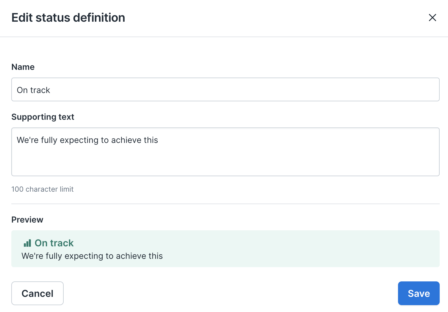 Screenshot of settings on how to customize goal status
