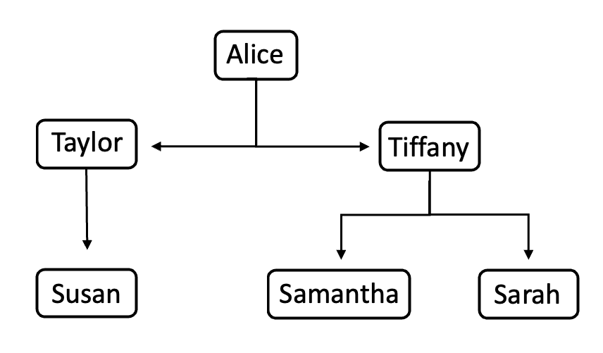 Image of Reporting line showing Taylor and Tiffany report to Alice
Susan reports to Taylor while Samantha and Sarah report to Tiffany