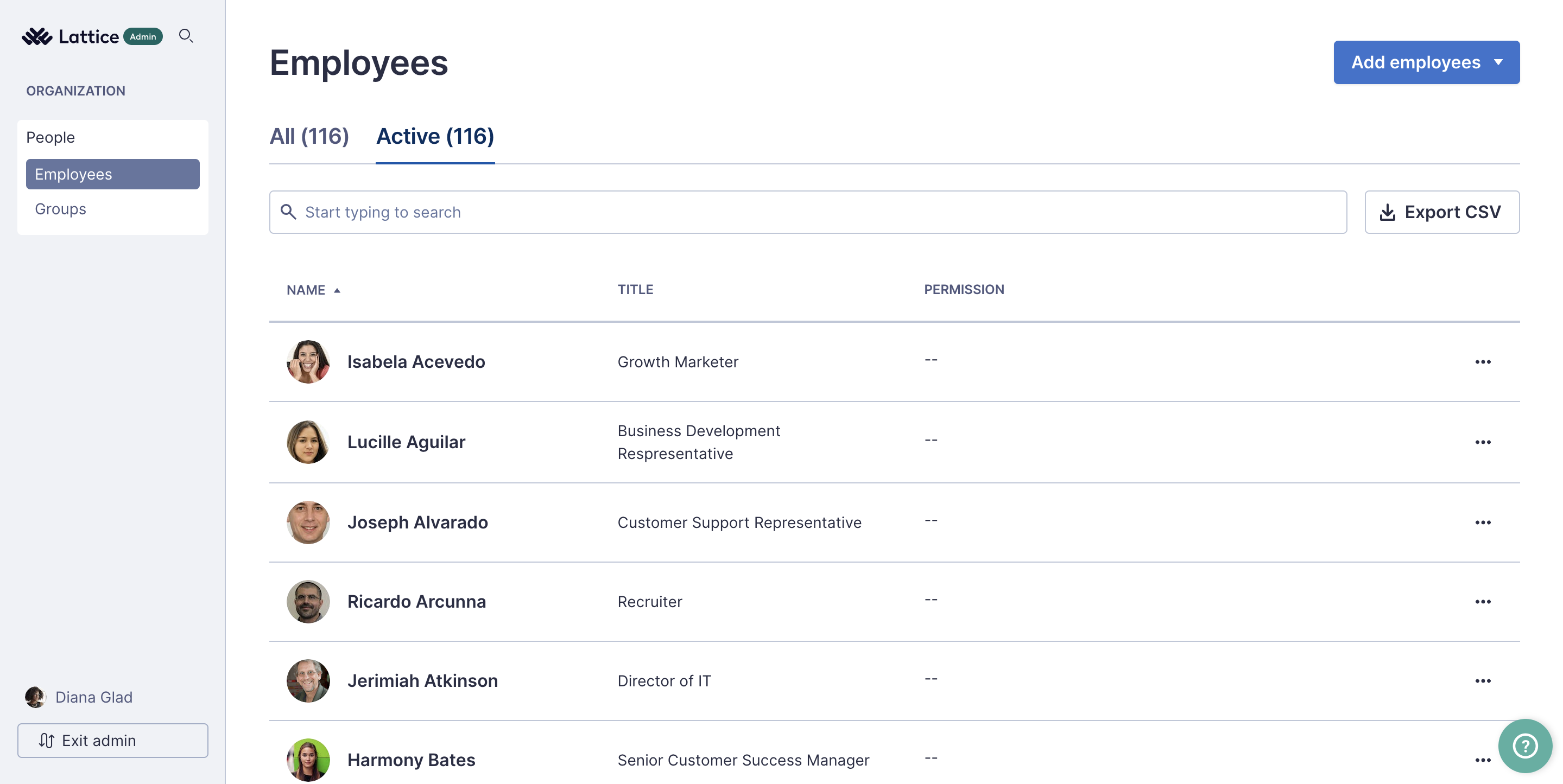 Custom role view for People permissions. The Admin page is open to the People Employee's page where a list of employees can be seen. The Admin left navigation bar includes the People section with two sub-pages: Employees and Groups.