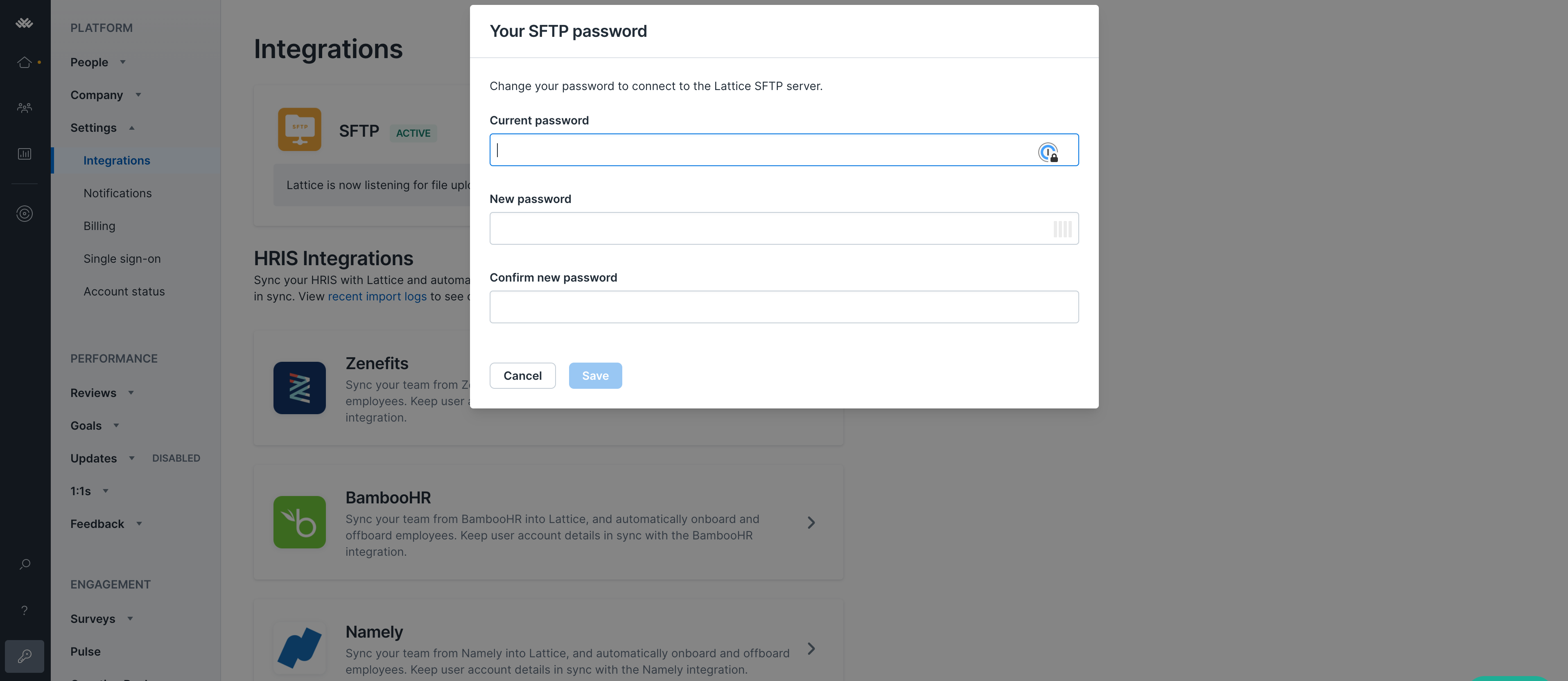Screenshot of Your SFTP Password popup in Lattice with text boxes for Current Password, New Password, and Confirm New Password.