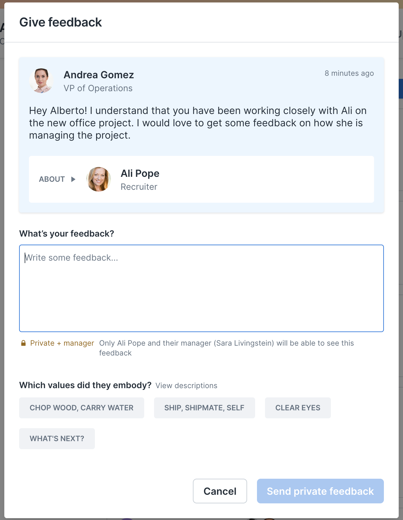 Feedback modal open to Give Feedback. A feedback request from Andrea Gomez can be seen at the top of the modal.