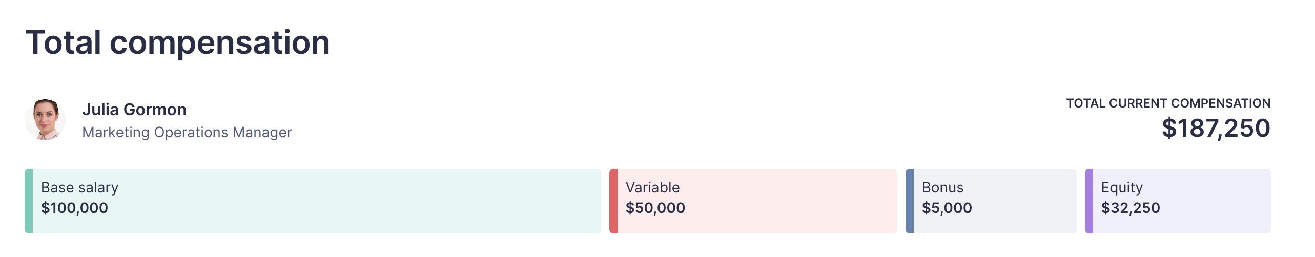 Example compensation summary bar. The name and title of the employee is above the bar with total current compensation number to the right. The bar includes a green component for base salary, red for variable, blue for bonus, and purple for equity.