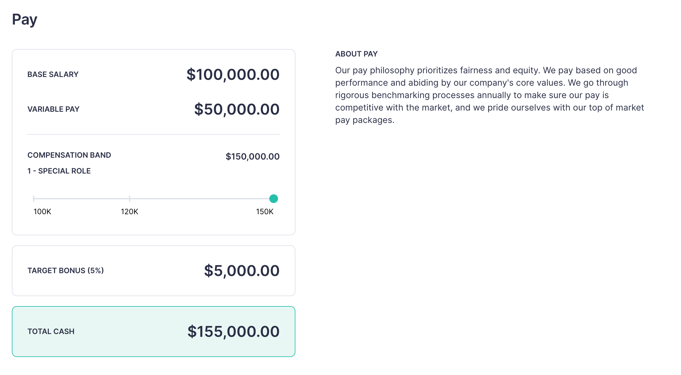 Example Pay section. The section includes numbers for base salary, variable pay, comp band, target bonus, and total cash. To the right a summary is visble.