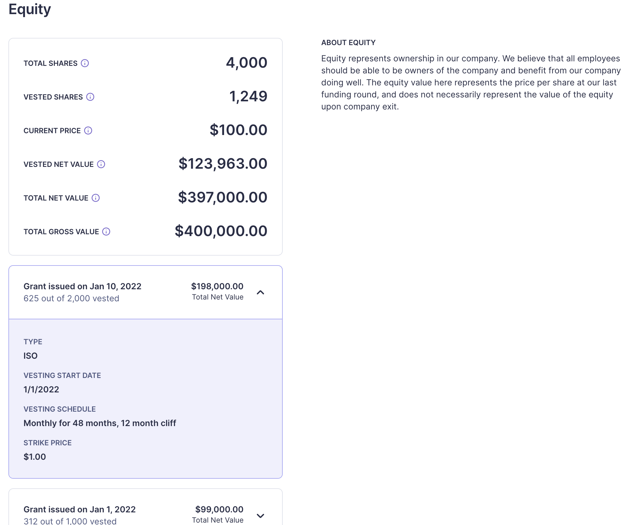 Example Equity section. This section includes an overview of the total amount of equity available to the employee. Below the overview, an example grant is is shown.