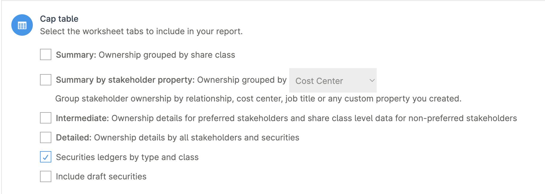 Carta screenshot with header 'Cap Table: Select the worksheet tabs to include in your report.' A checkbox next to 'Securities ledgers by type and class' is selected.