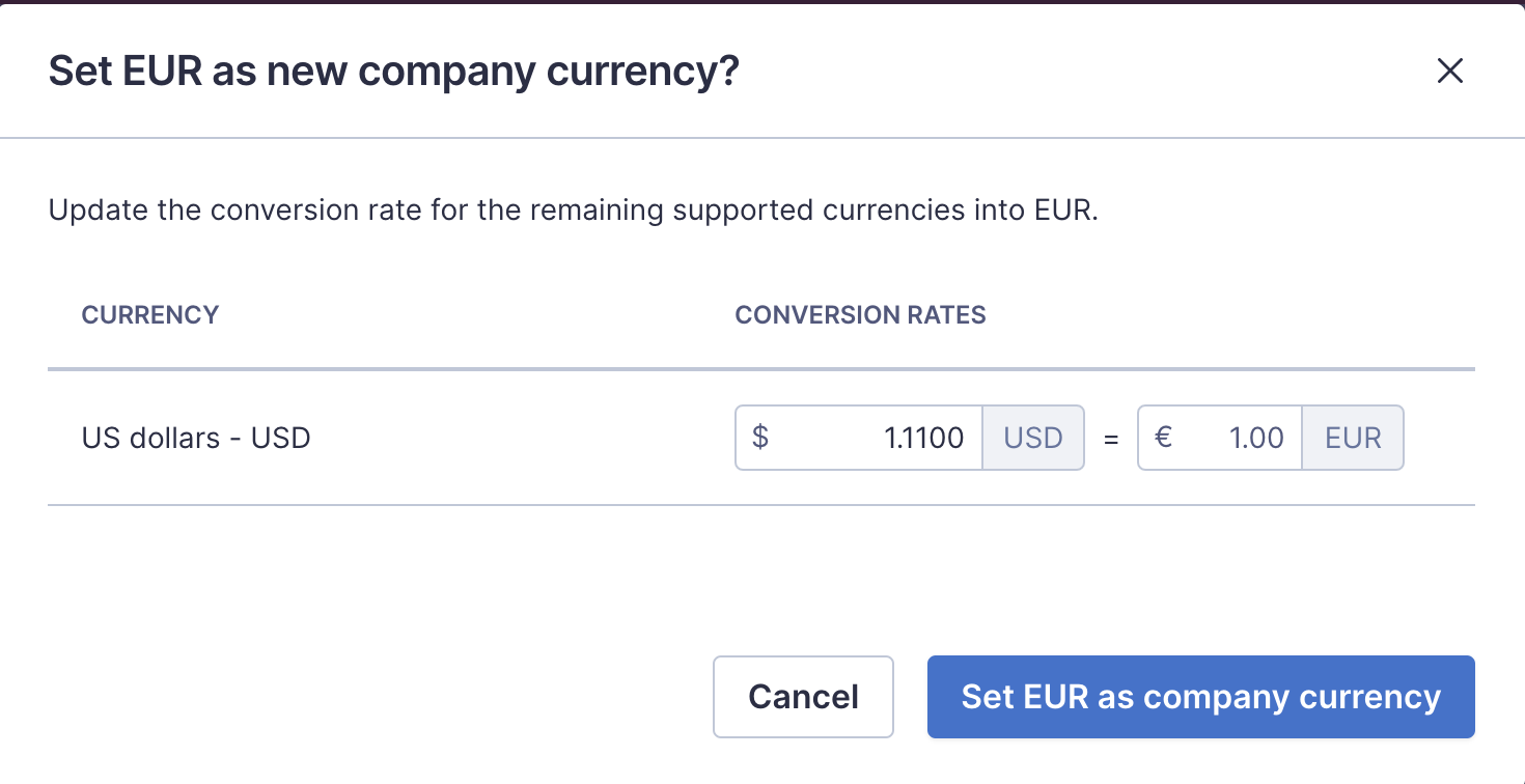 Popup window with header 'Set EUR as new company currency?'
