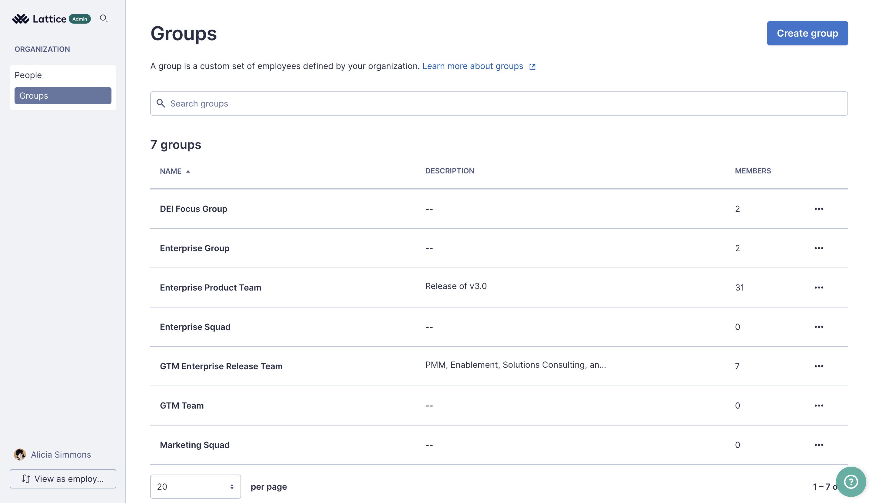 Example custom role Groups view open to the Groups page. The lefthand admin navigation only includes the Groups page.