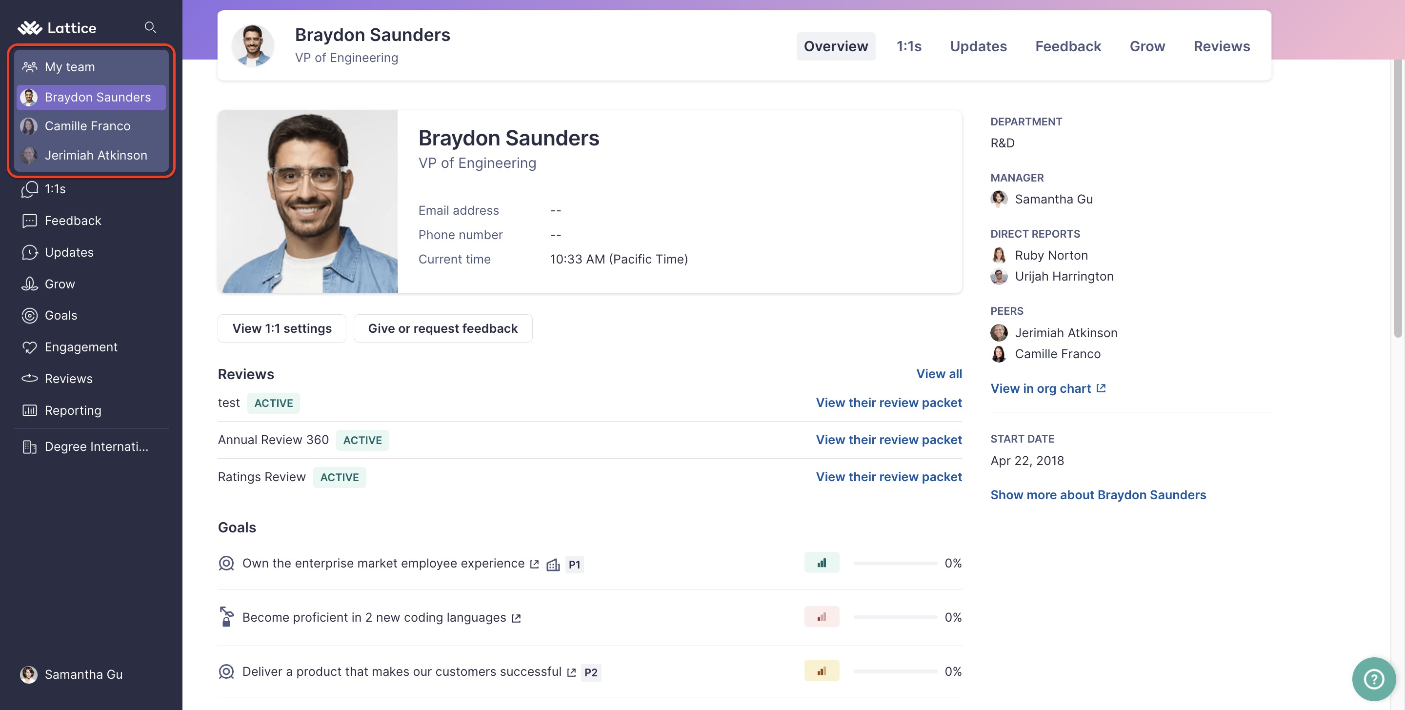 Employee profile for example direct report Braydon Saunders. The My team people navigation is expanded. Within the navigation, three direct report names can be seen. Bradon Saunders is highlighted.