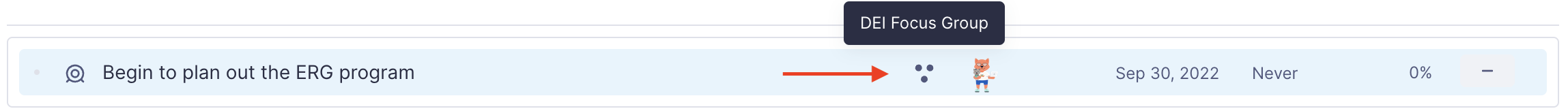 Image of an example goal. An arrow points to the group icon.