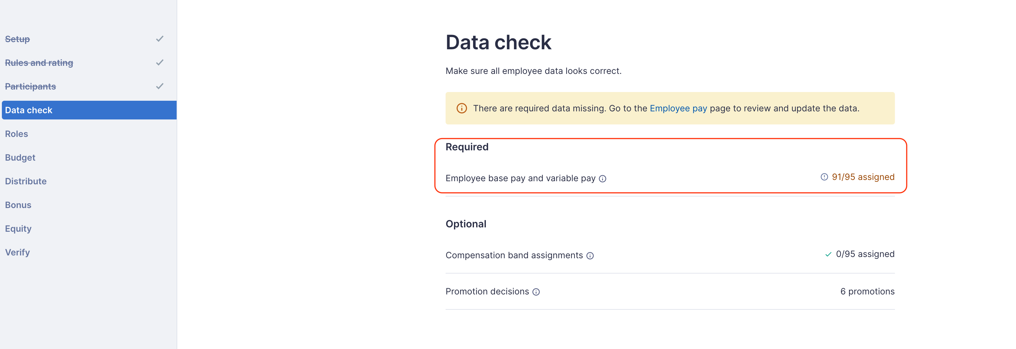 Compensation Data Check page. A red square highlights the Employee pay banner on the Data Check page.