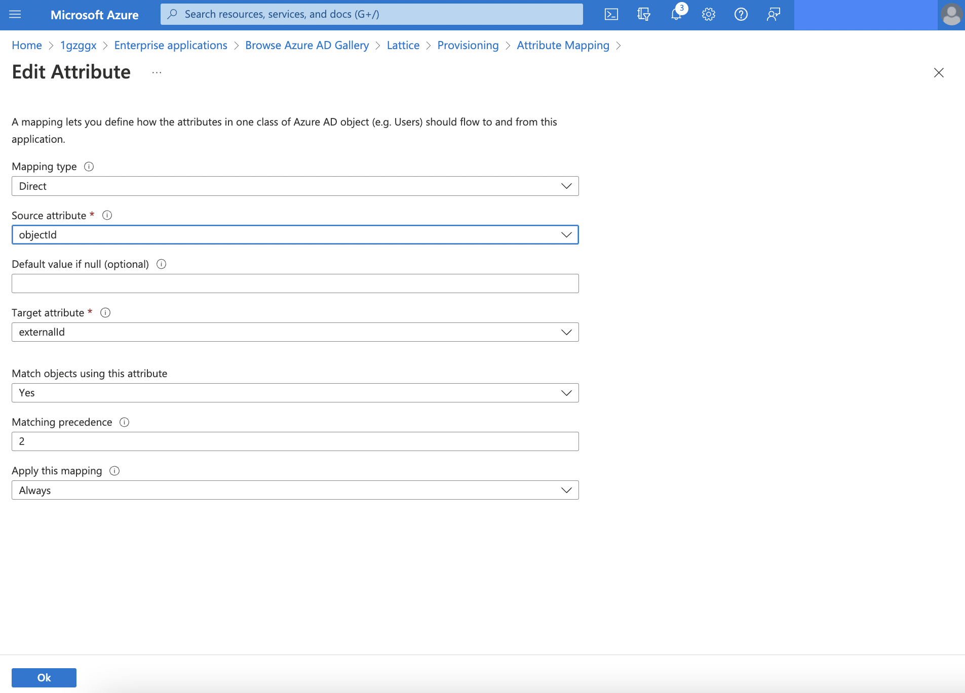 Screenshot of attribute mapping of employee IDs in Azure