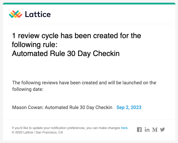 1 review cycle has been created for the following rule: Automated rule 30 day check in.