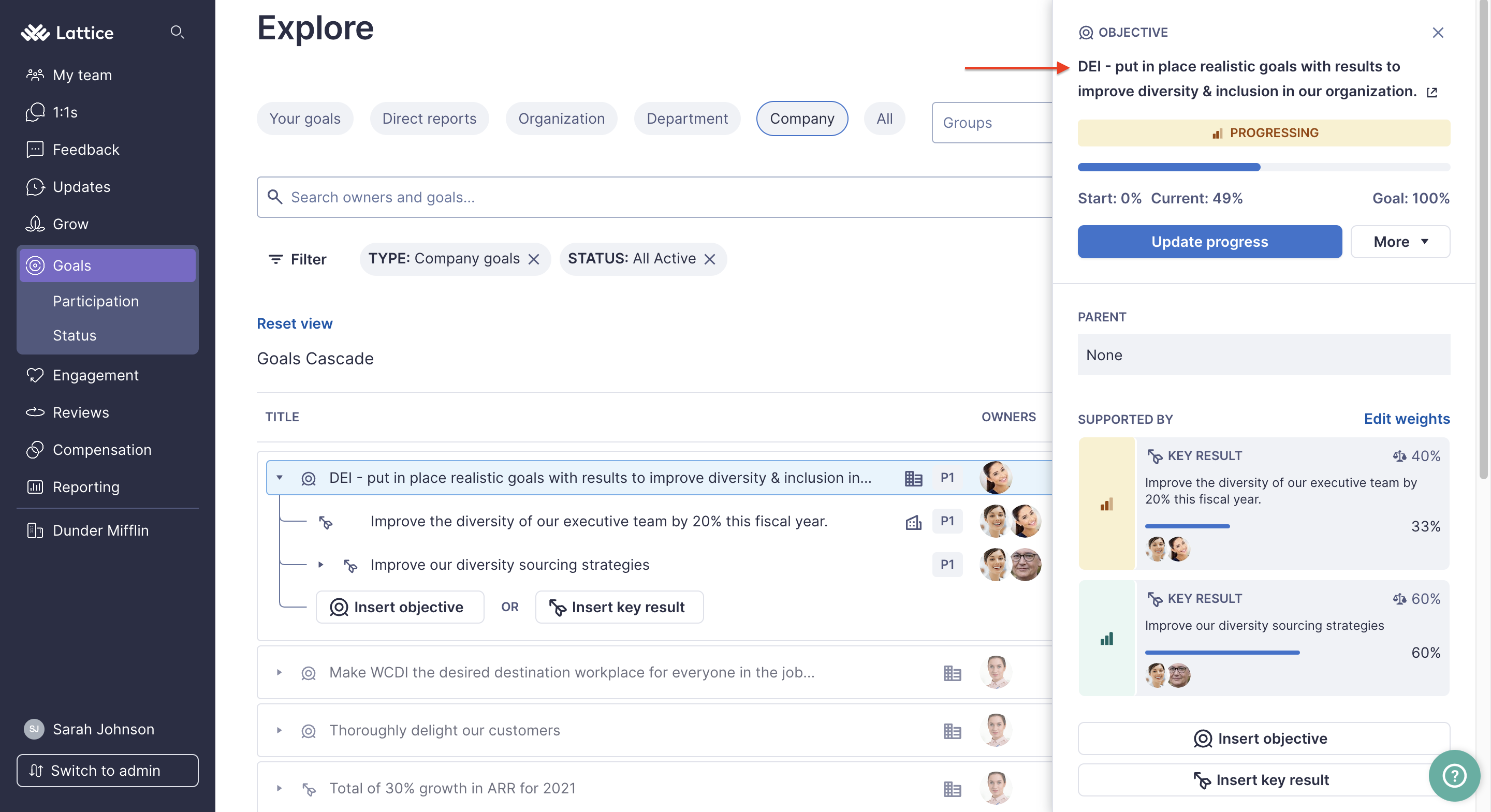 Goal Explore page. The context panel for a goal is open. An arrow points to the goal title within the context panel.