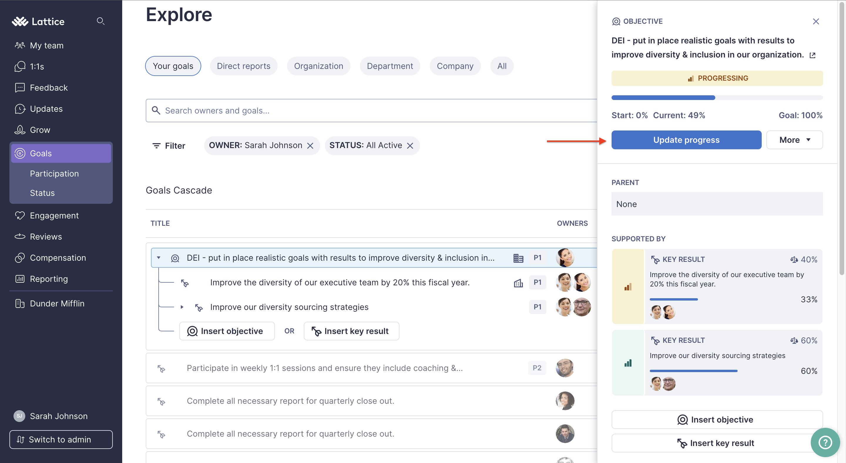 Goal Explore page. The context panel for a goal is open. An arrow points to the Update Progress button.