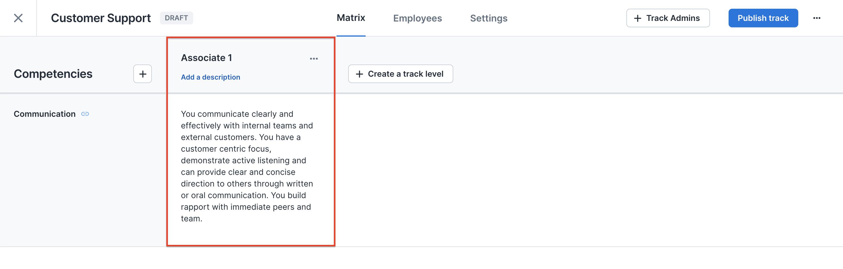 Track matrix. A square highlights a new level, Associate 1, along with its expectations.