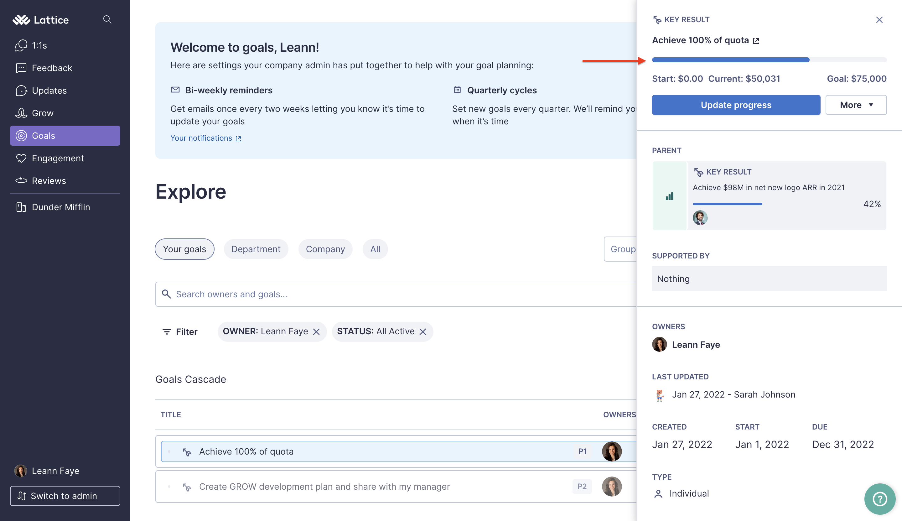 Goal explore page with an example goal side panel opened. An arrow points to the progress bar within the side panel.