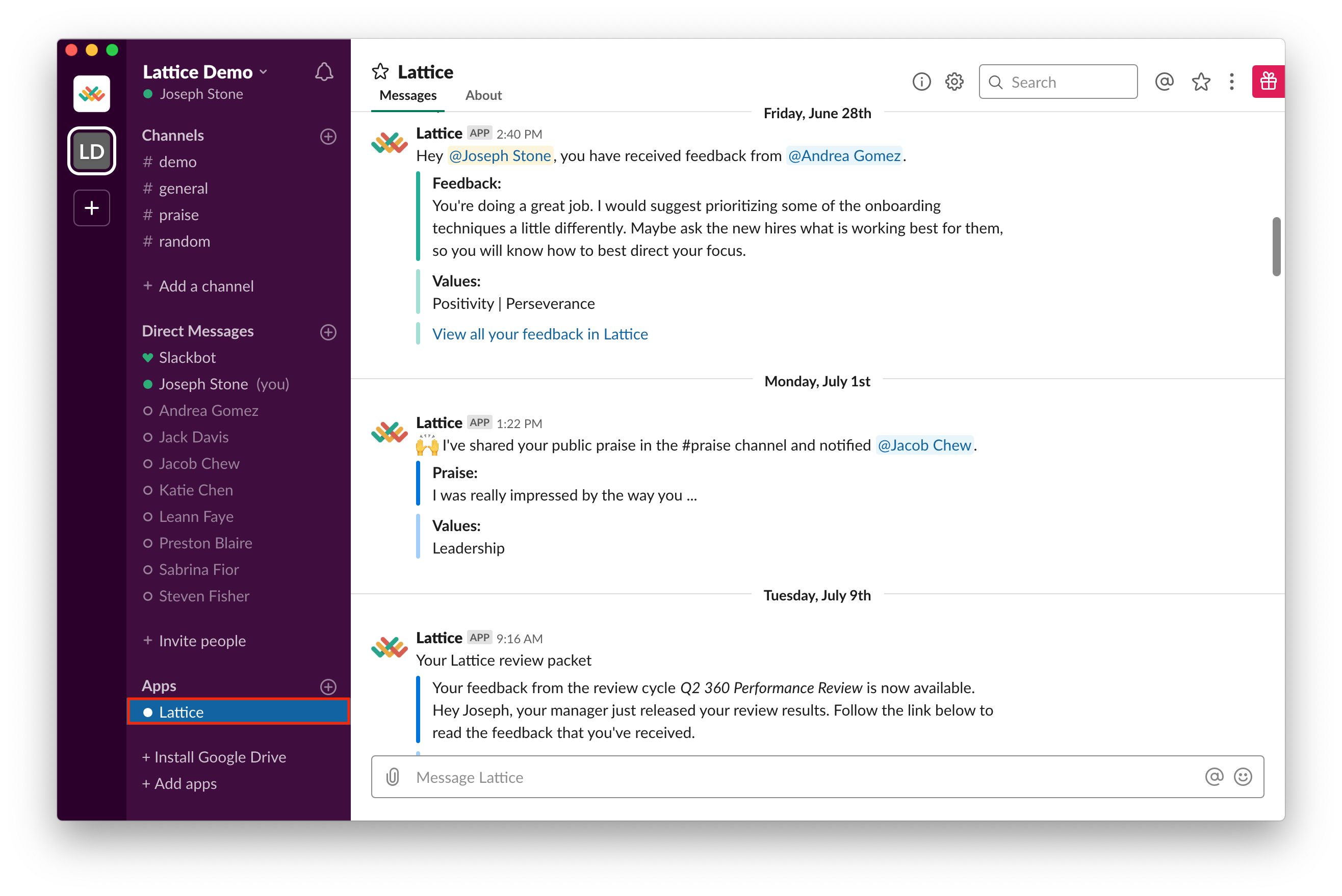 Image of Slack with the Lattice Slack App opened