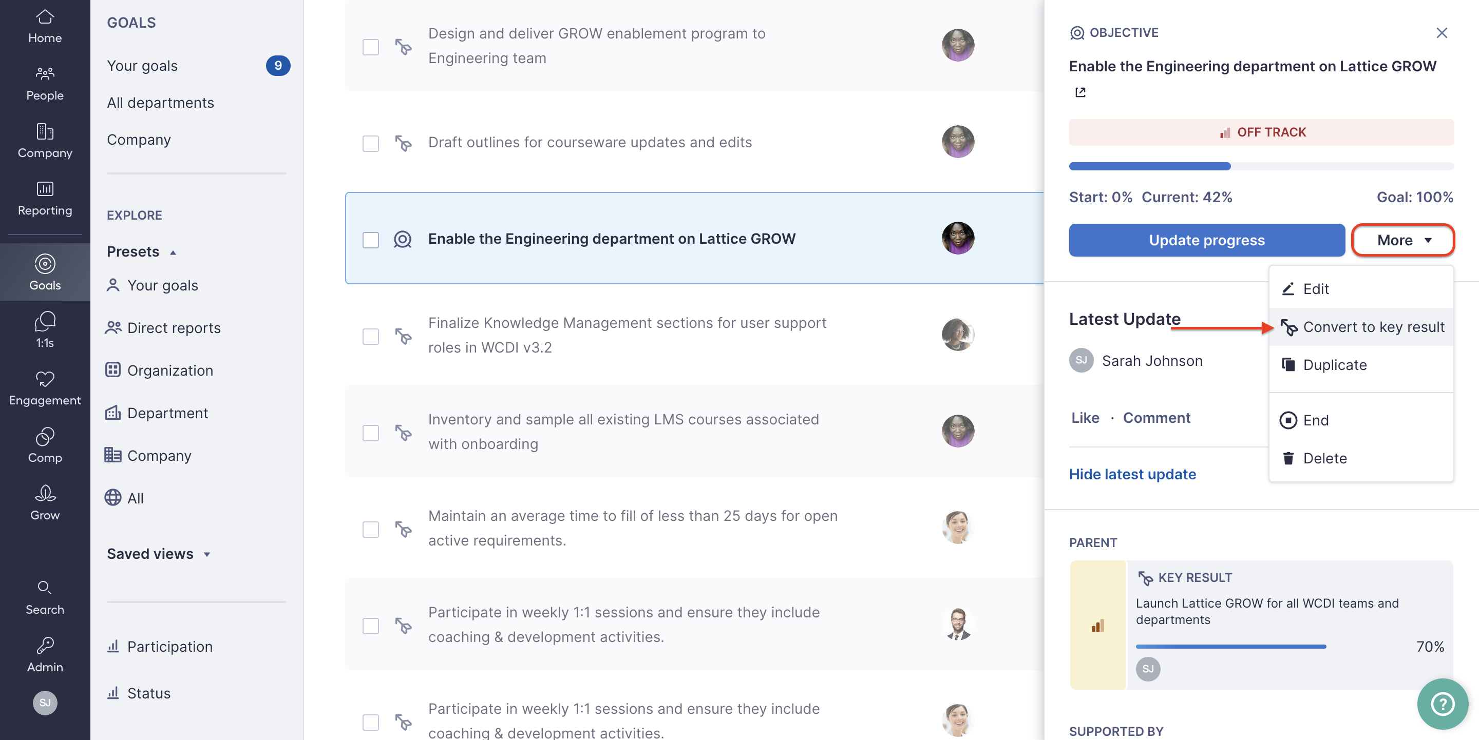 Goal explore page with a goal's content panel opened. A square highlights the More dropdown menu. An arrow point to the Convert to Key Result menu option.