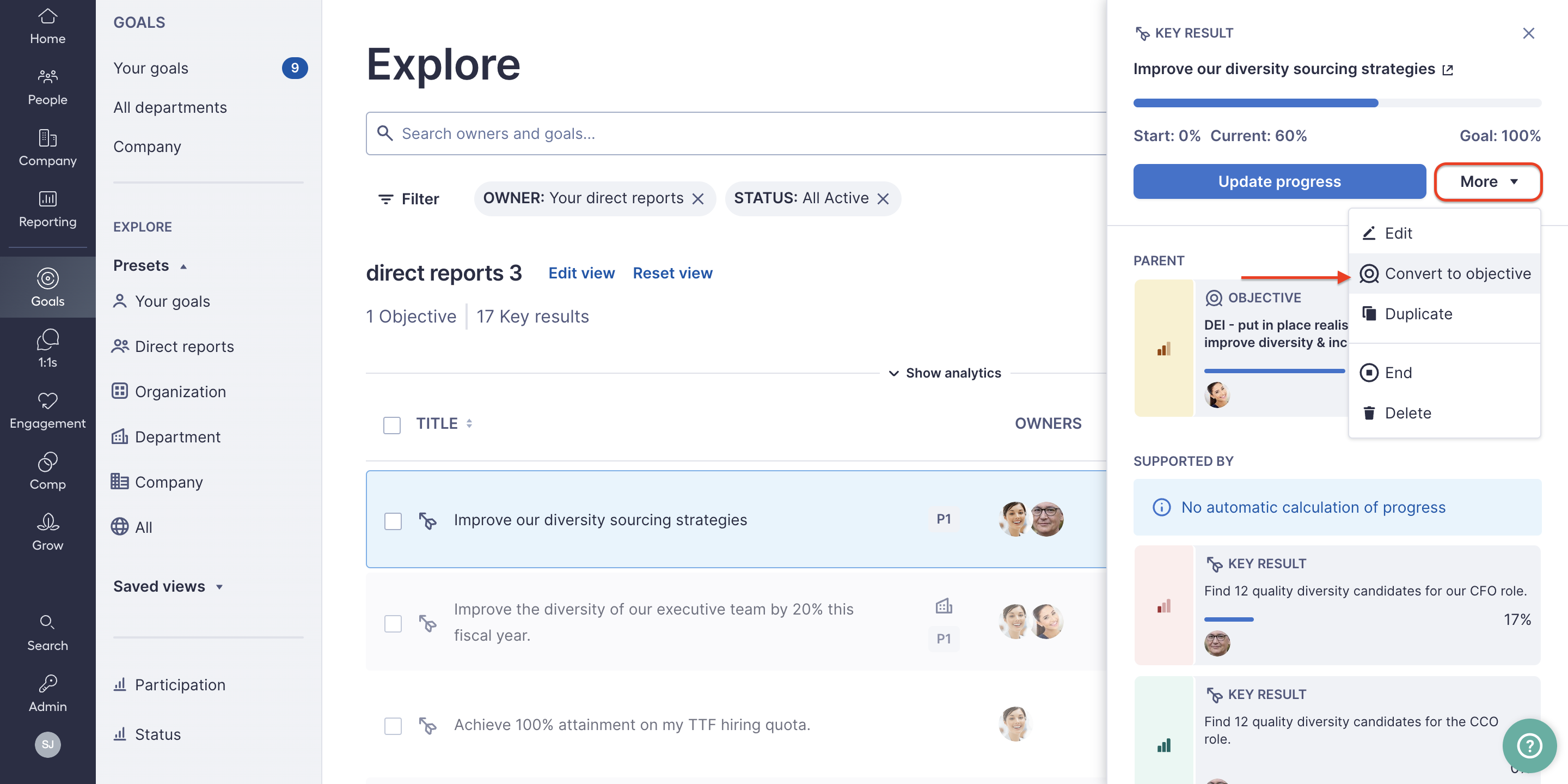 Goal explore page with a goal's content panel opened. A square highlights the More dropdown menu. An arrow point to the Convert to Objective menu option.