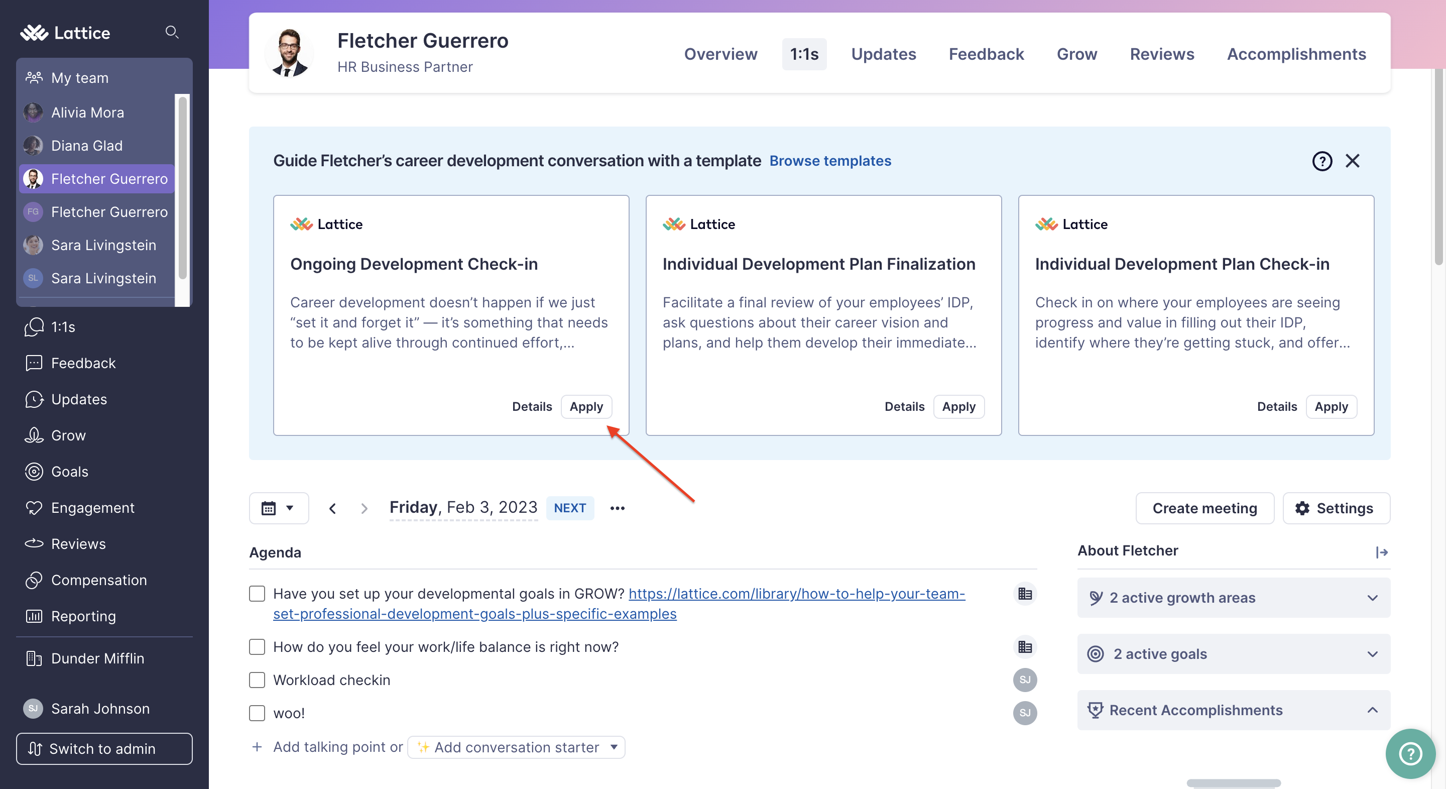 One-on-one agenda for a direct report. A blue ribbon that includes three agenda template options can be seen above the agenda. An arrow points to the Apply button associated with the template Ongoing Development Check-In.