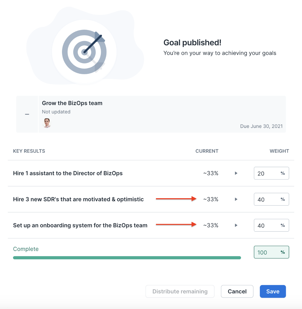 screenshot of the key results weight's distributed evenly after entering a custom weight