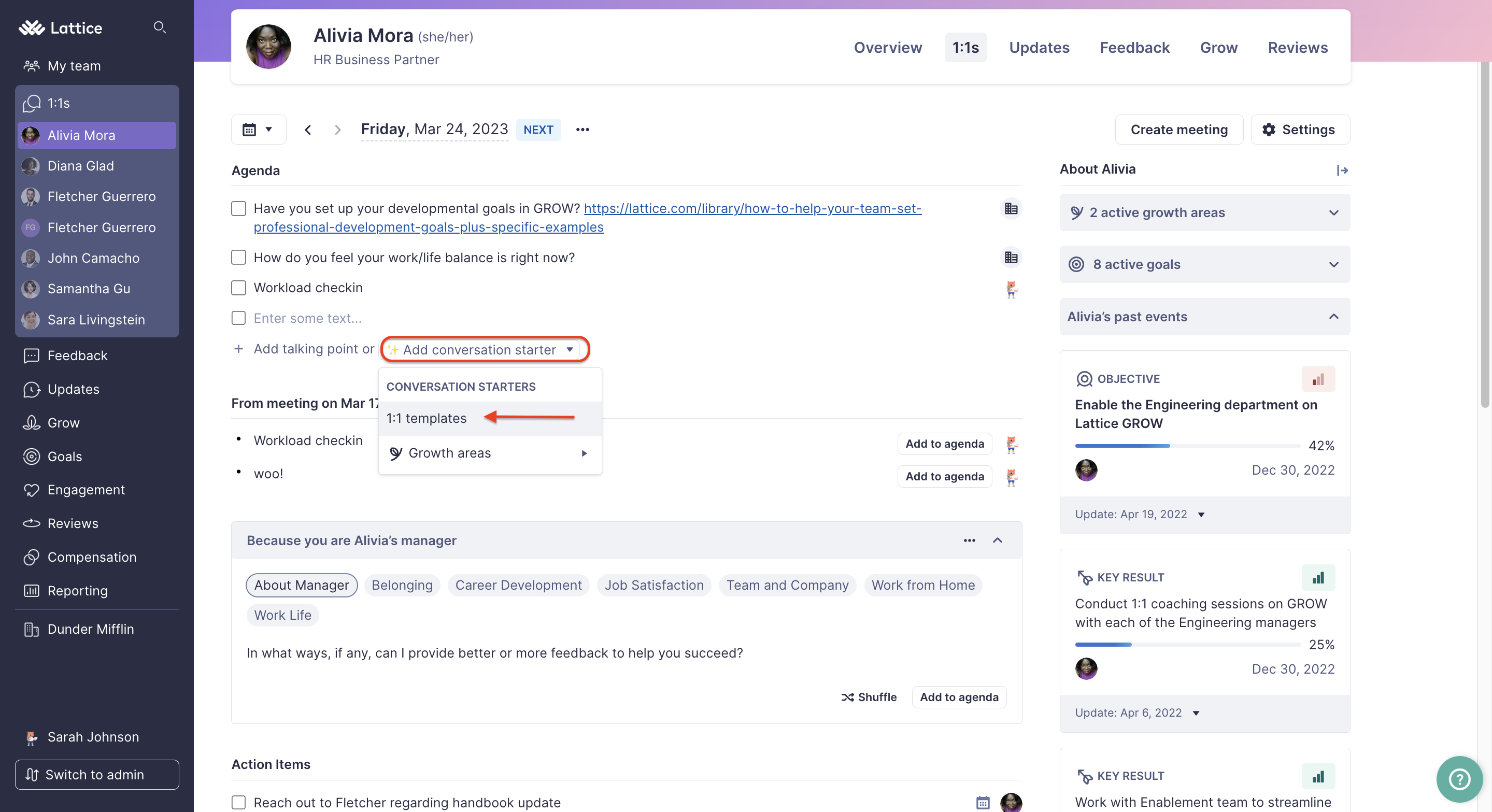 A 1:1 agenda with example user Alivia Mora. The Add Conversation starter menu button is highlighted by a square. Within the dropdown, an arrow points to the 1:1 templates option