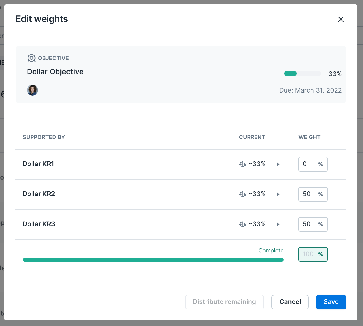 Example goal open to the Edit weights modal. Three key results can be seen. Dollar KR2 and Dollar KR3 are set to 50%