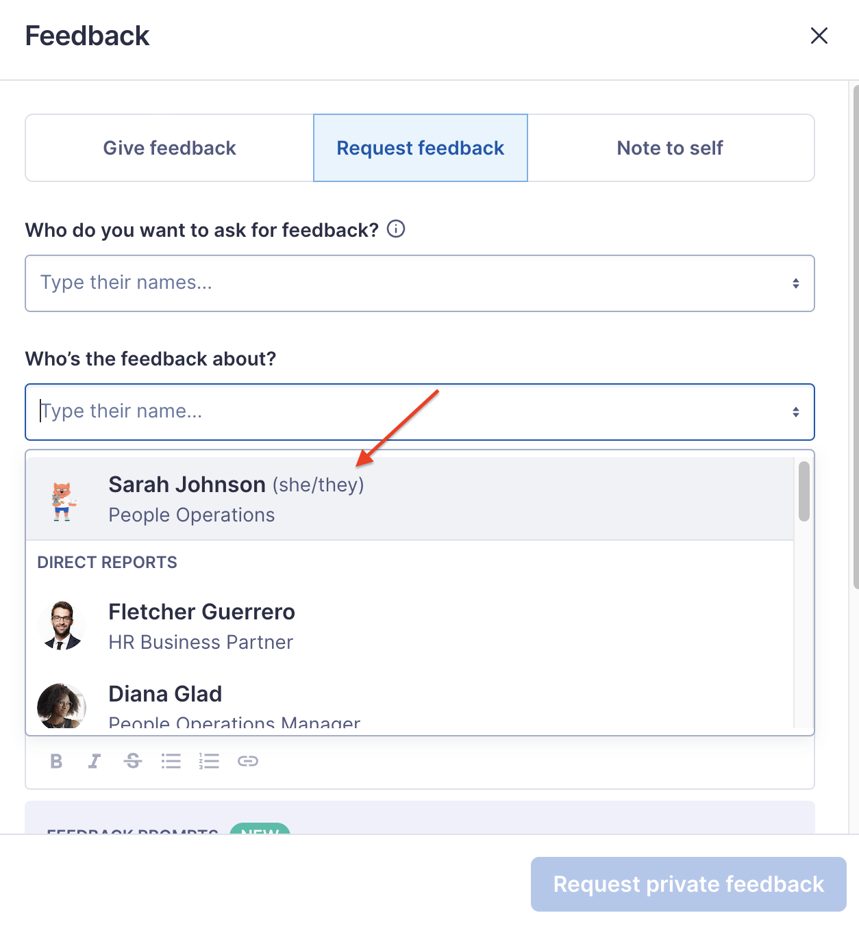 Feedback modal. The dropdown for Who's the feedback about is open. An arrow points to the she/they pronounse for the employee Sarah Johnson.